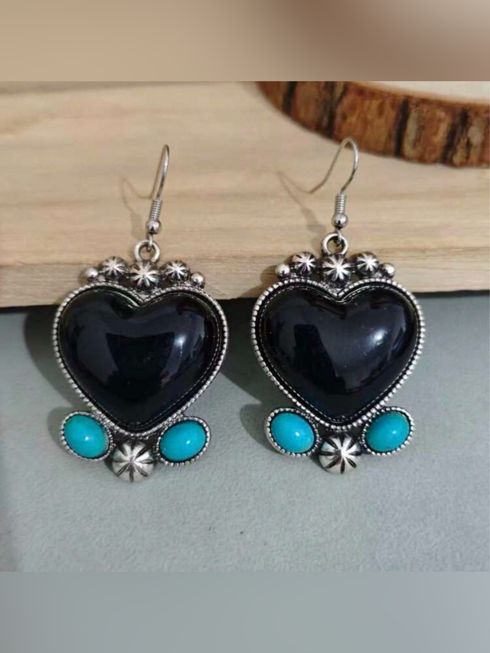 Heart Drop Earrings with Black and Turquoise Accents Western Earrings
